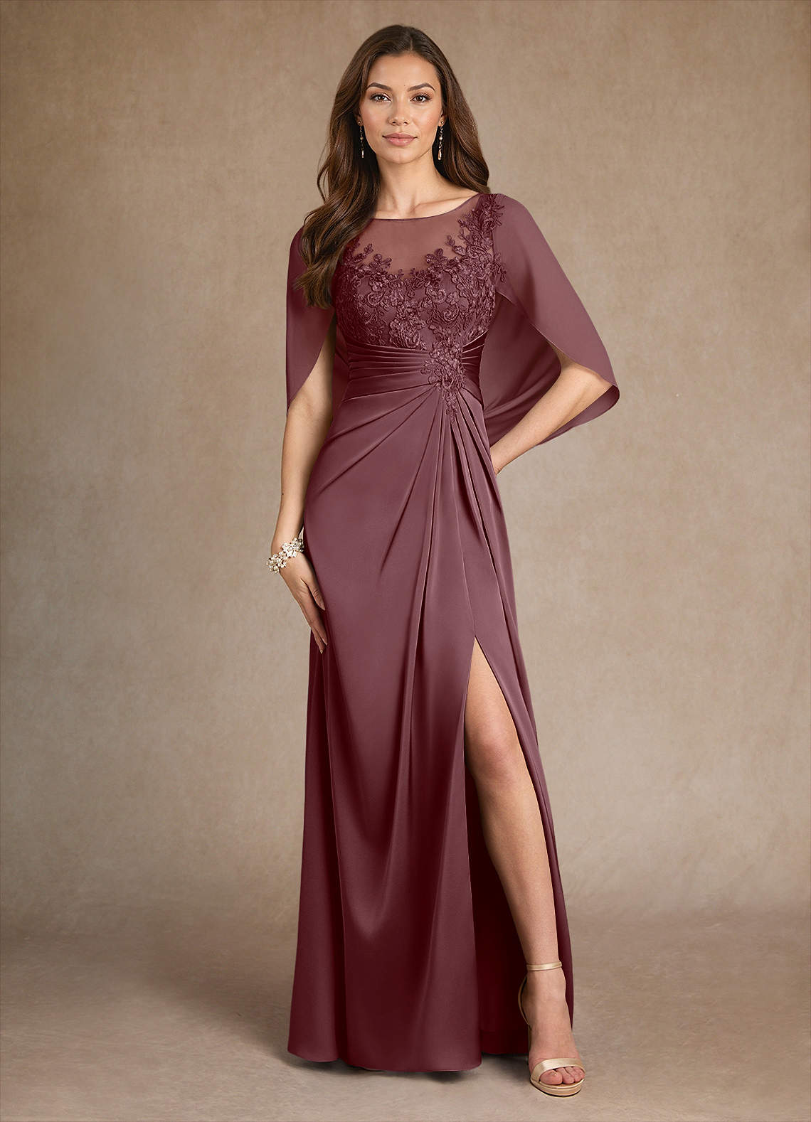 Azazie Hera Mother of the Bride Dresses Sangria A-Line Lace Stretch Satin Dress image1