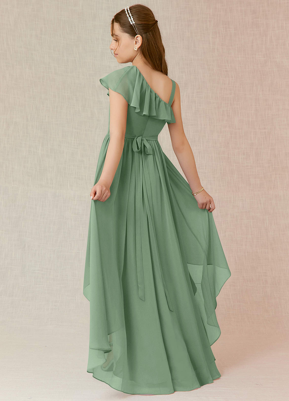 Azazie Mango Junior A-Linie Gestreift Chiffon Kleid Matcha image1