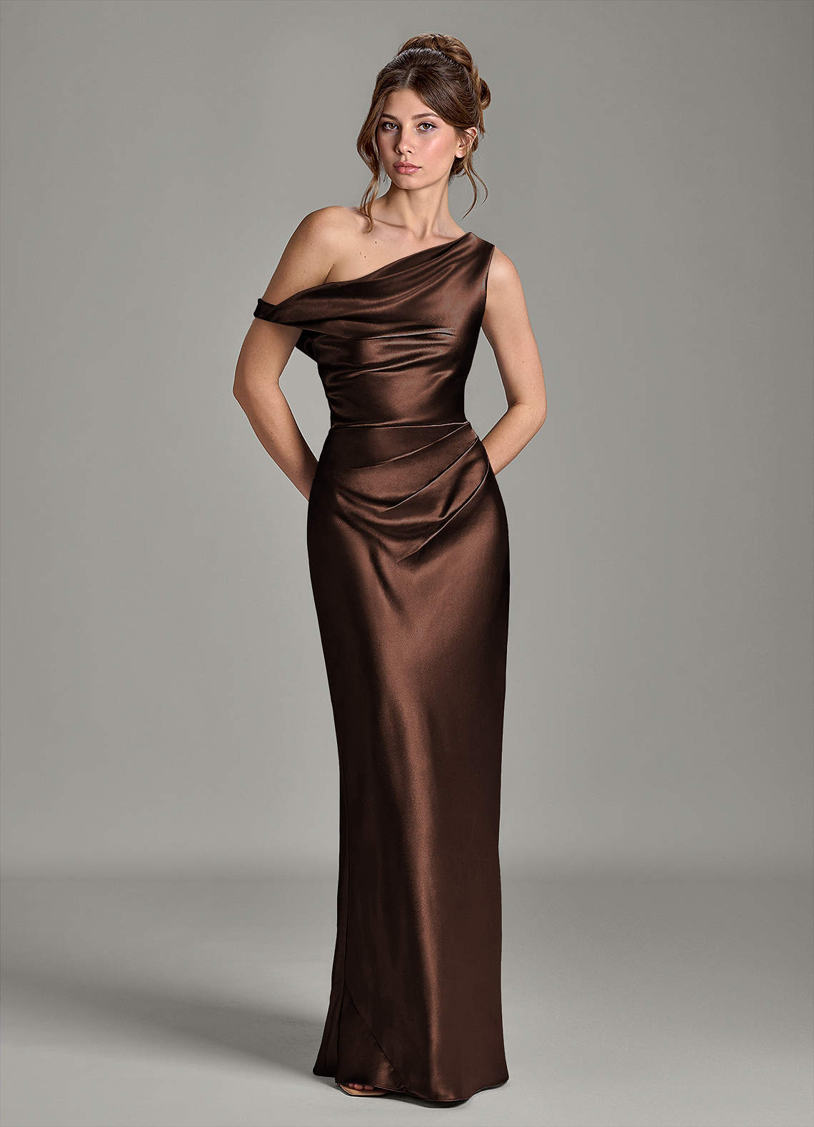 Azazie Emerson Bridesmaid Dresses Ganache Mermaid Off the Shoulder Metallic Satin Dress image2