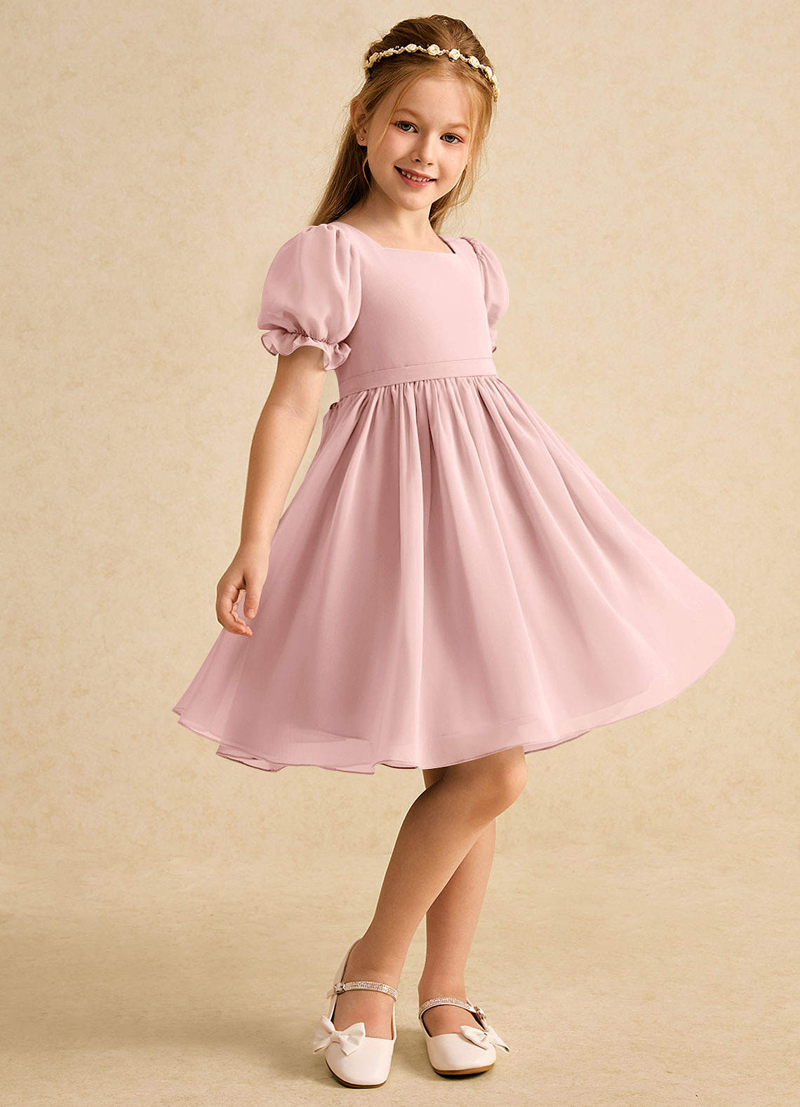 Azazie Jolie Powder Pink A-Line with Sleeves Chiffon Dress | Azazie