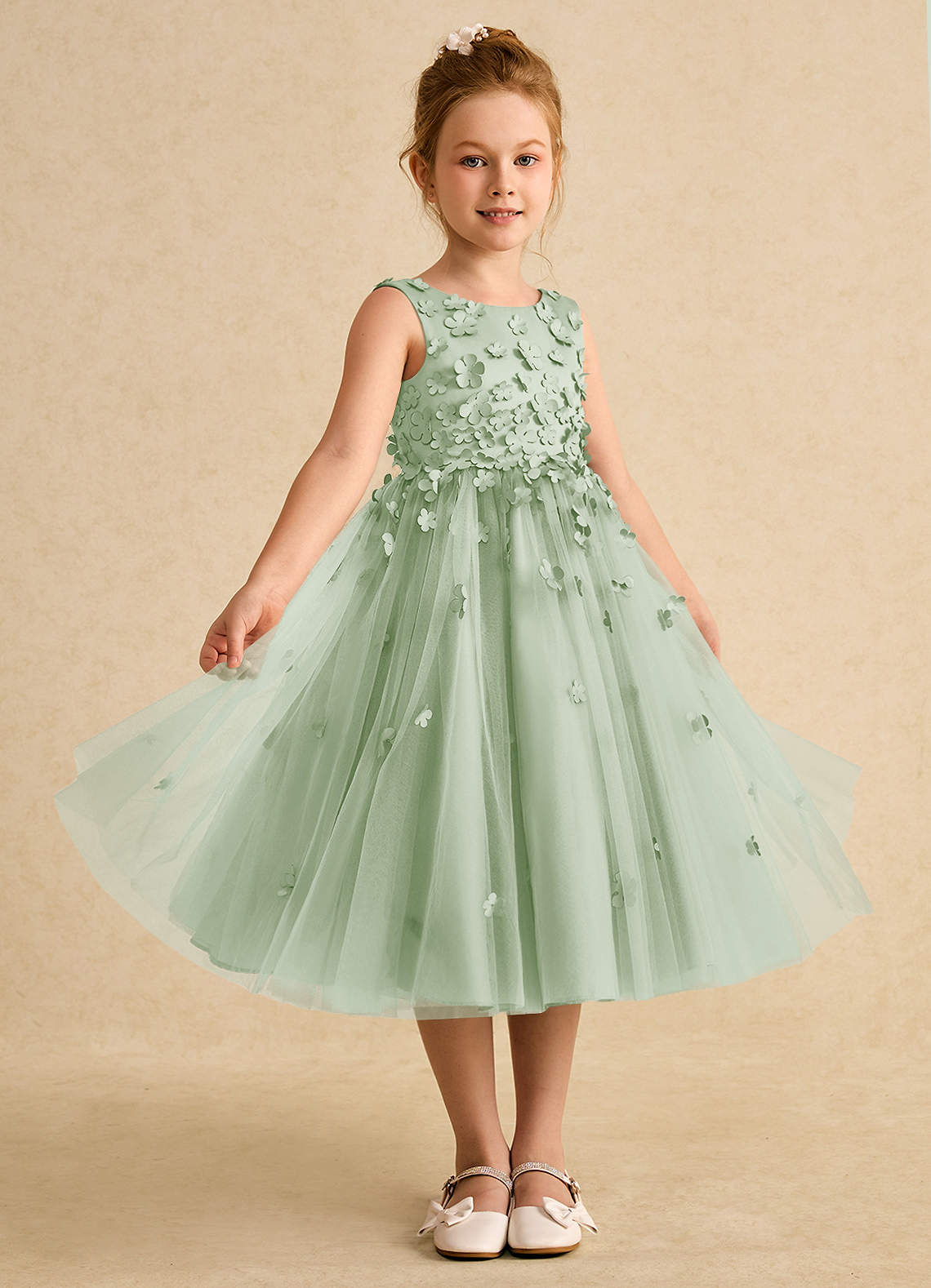 Azazie Lana Blumenmädchenkleider A-Linie ärmellos Matte Satin Kleid Staubiger Salbeigrün image4