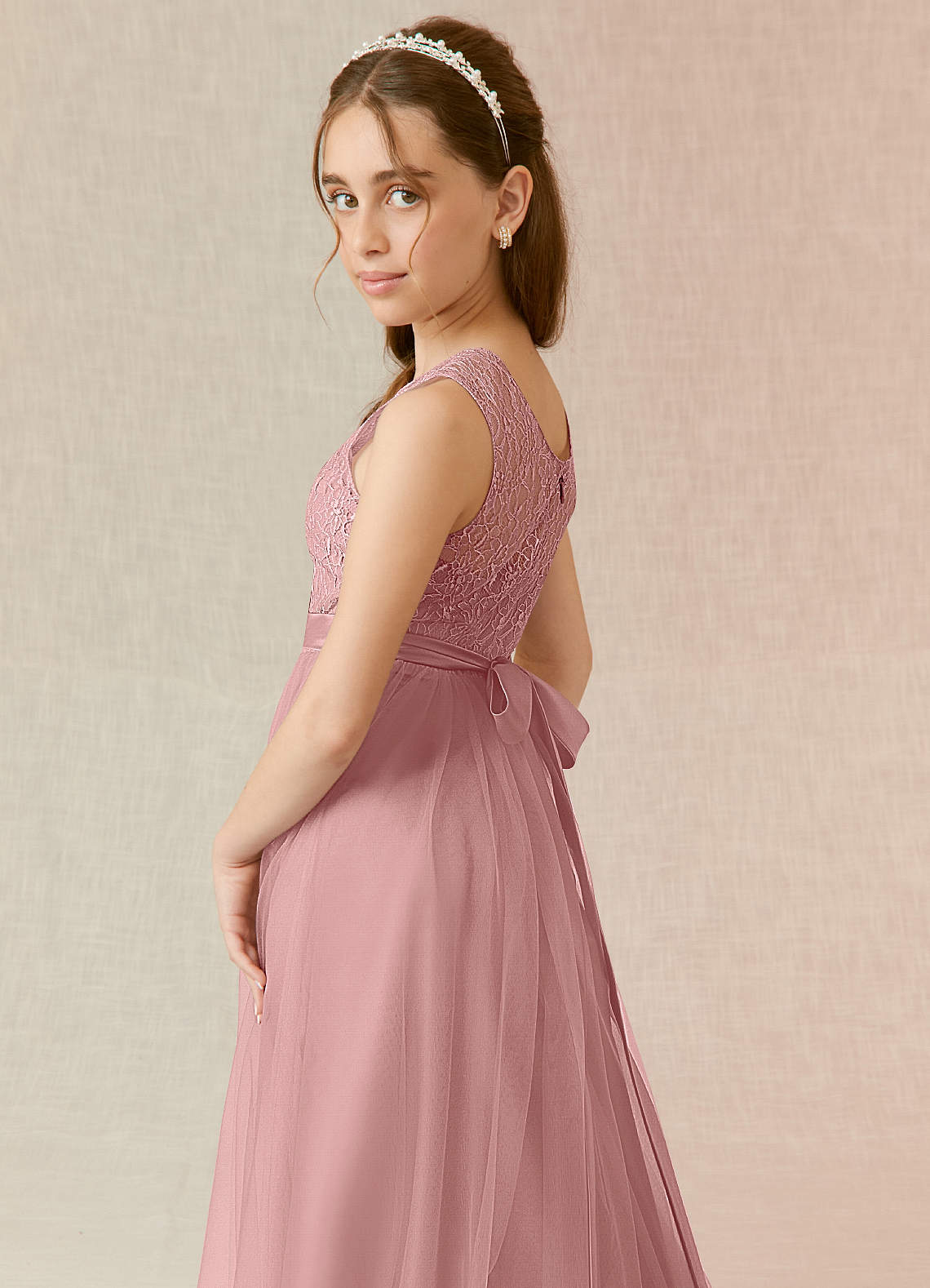 Azazie Georgette Junior A-Linie Spitze Tüll Kleid Altrosa image5