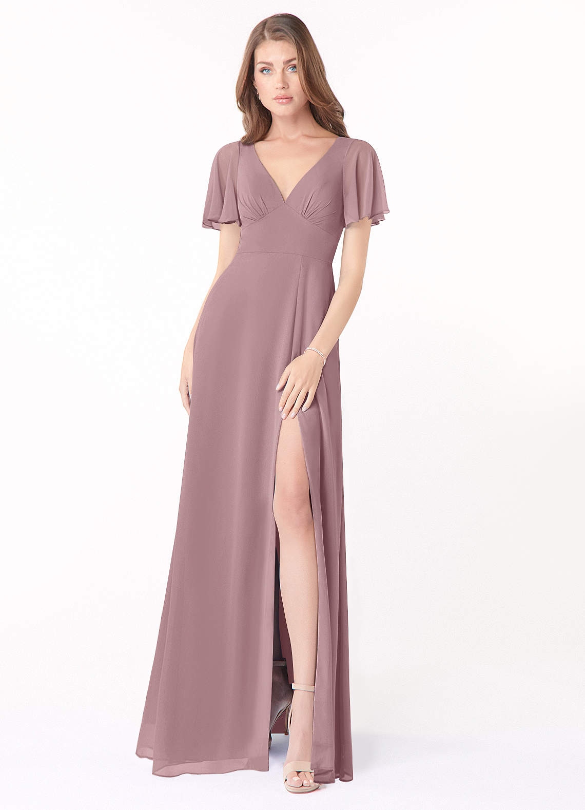 Azazie Kimber Bridesmaid Dresses Dusty Rose A-Line Flounce Sleeve Chiffon Dress image1