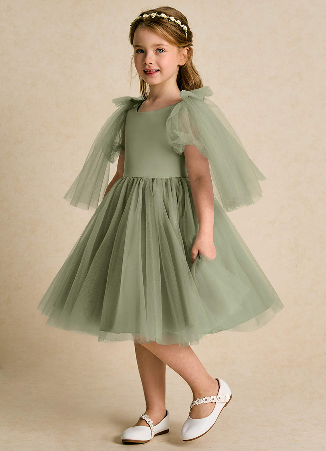 Azazie Duchess Flower Girl Dresses Pistachio A-Line with Sleeves Tulle Dress image1
