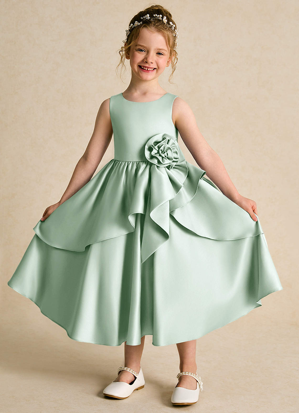 Azazie Hermia Flower Girl Dresses Agave A-Line Sleeveless Matte Satin Dress image1