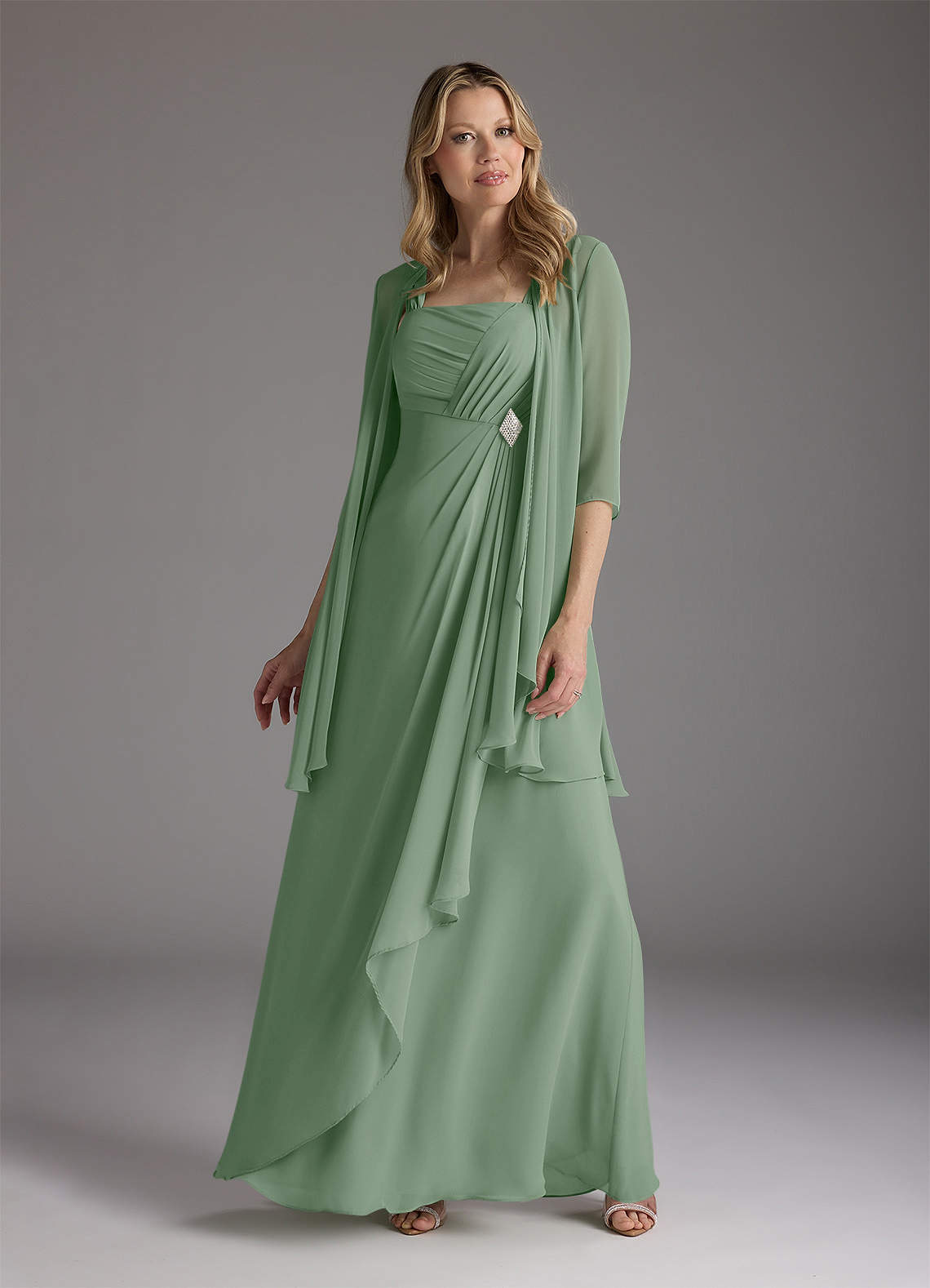 Azazie Weisz Mother of the Bride Dresses Matcha A-Line Square Neckline Pleated Chiffon Dress image1