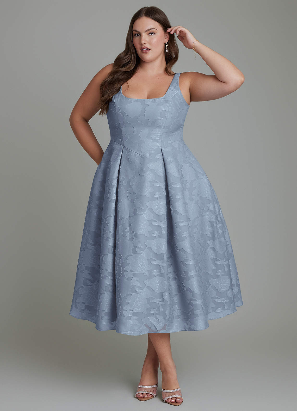 Azazie Amalie Bridesmaid Dresses Dusty Blue A-Line Pleated Floral Burnout Dress image8