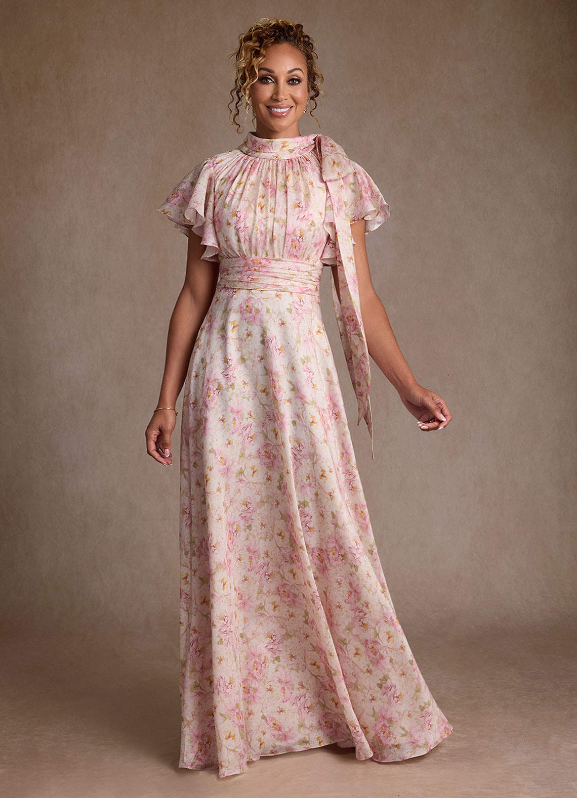 Azazie Lucinda Abiti per la Madre della Sposa Abito A-Line in Floreale Plissettato Rosa Antica Floreale image1