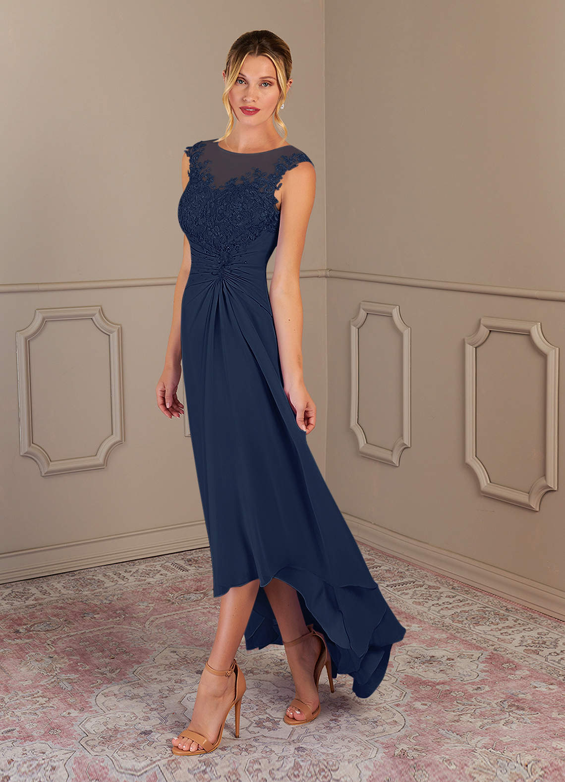 Azazie Endora Mother of the Bride Dresses Dark Navy A-Line Scoop Lace Chiffon Dress image1