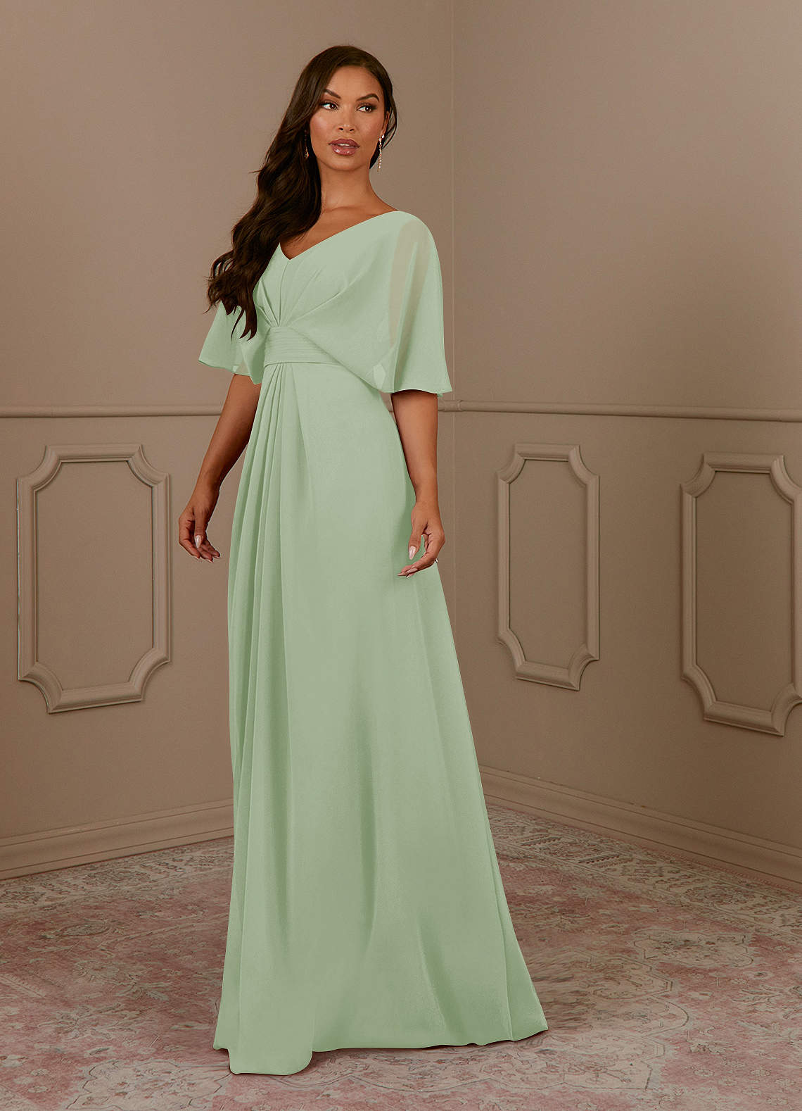 Azazie Oksana Abiti per la Madre della Sposa Abito A-Line in Chiffon con Scollo a V a Pieghe Verde Salvia image1
