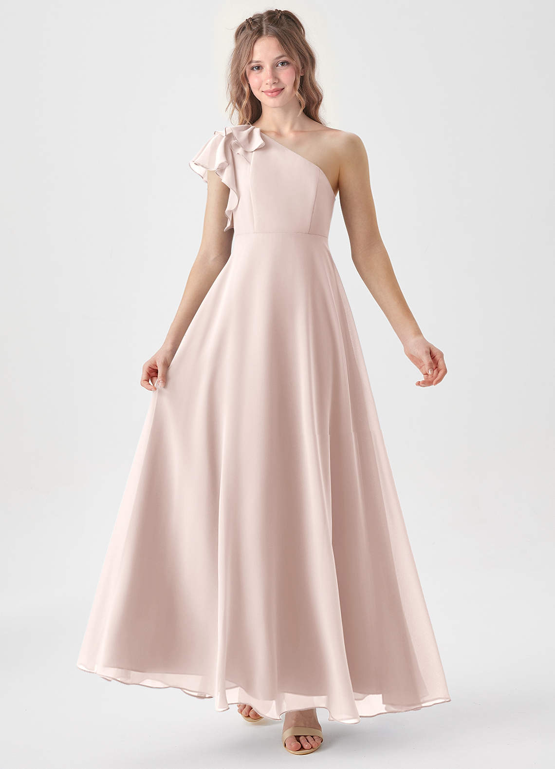Azazie Arabella Junior Rose Petal A-Line Ruched Chiffon Dress image1