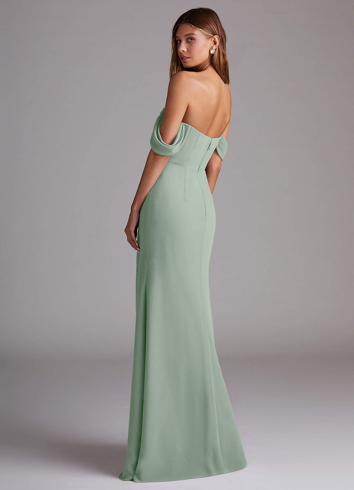 Azazie Saige Bridesmaid Dresses Agave A-Line Off the Shoulder Chiffon Convertible Dress image6