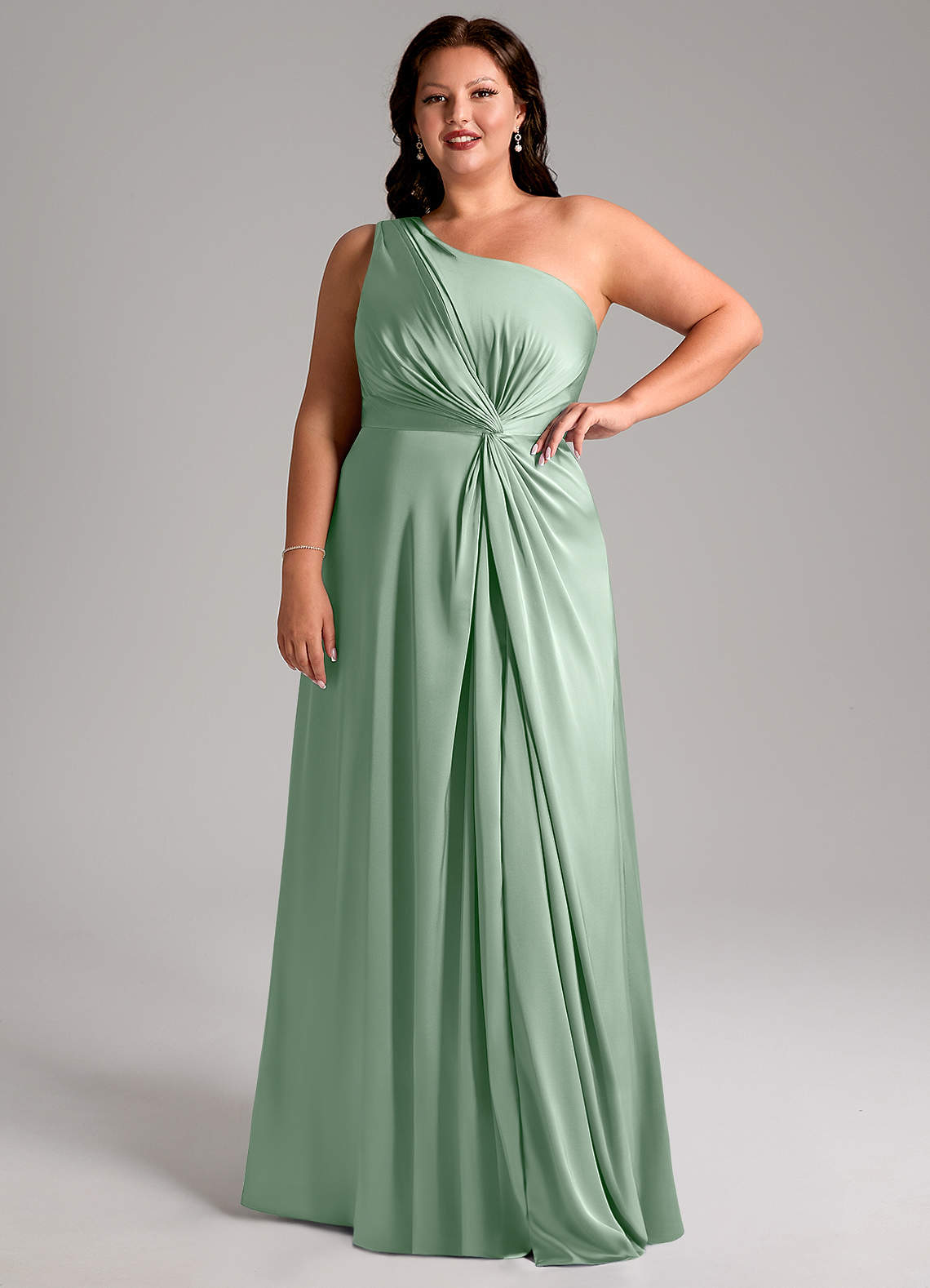 Azazie Brooke Vestidos de madrinha de casamento Vestir Agave de Cetim elástico de Linha A com Um ombro image11