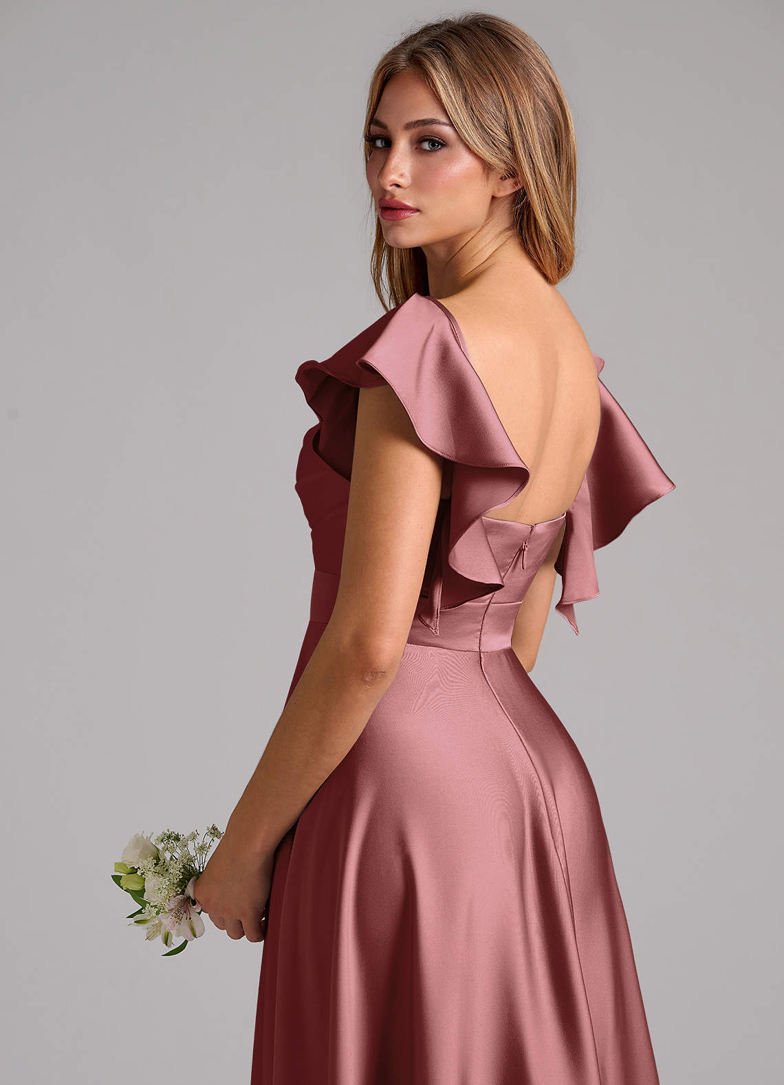Azazie Leilani Bridesmaid Dresses Amethyst A-Line Ruched Stretch Satin Dress image8
