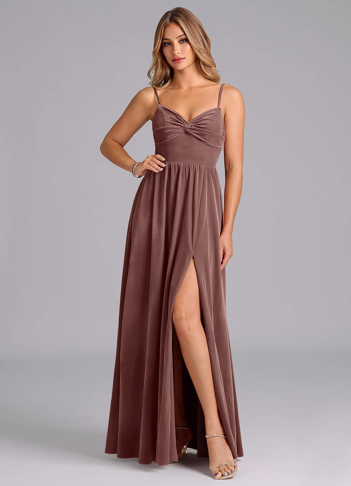 Azazie Zeya Bridesmaid Dresses Espresso A-Line Pleated Velvet Dress image1