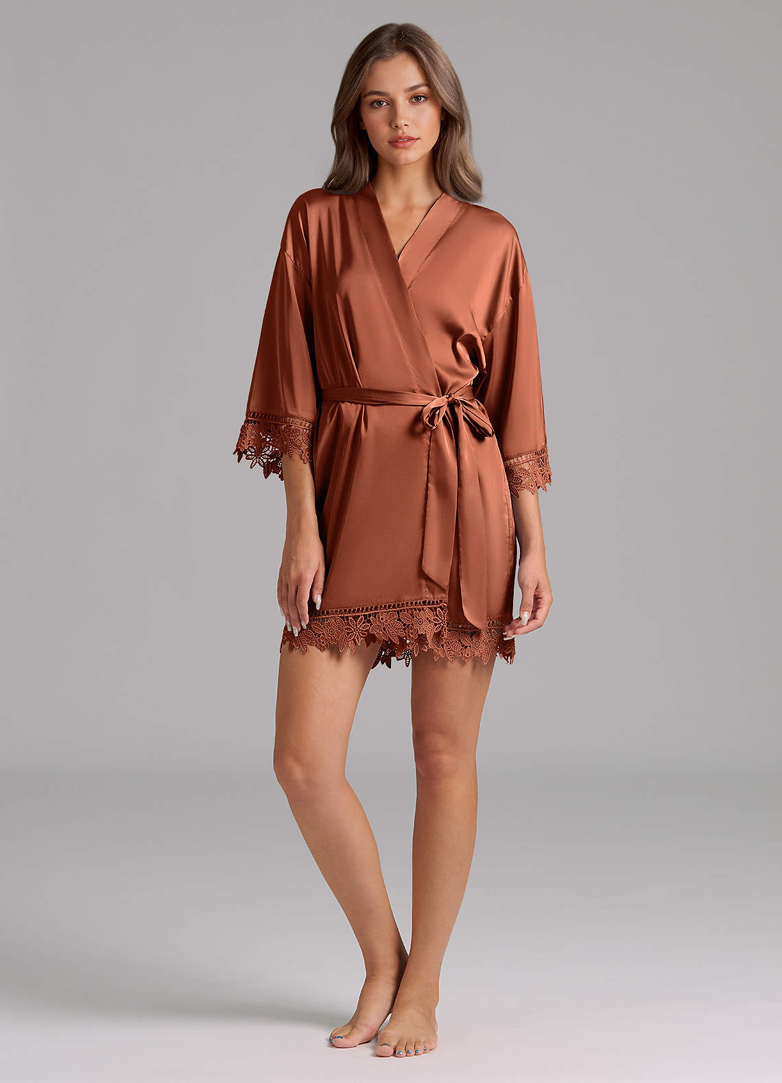 front Matching Color Satin Lace Robe