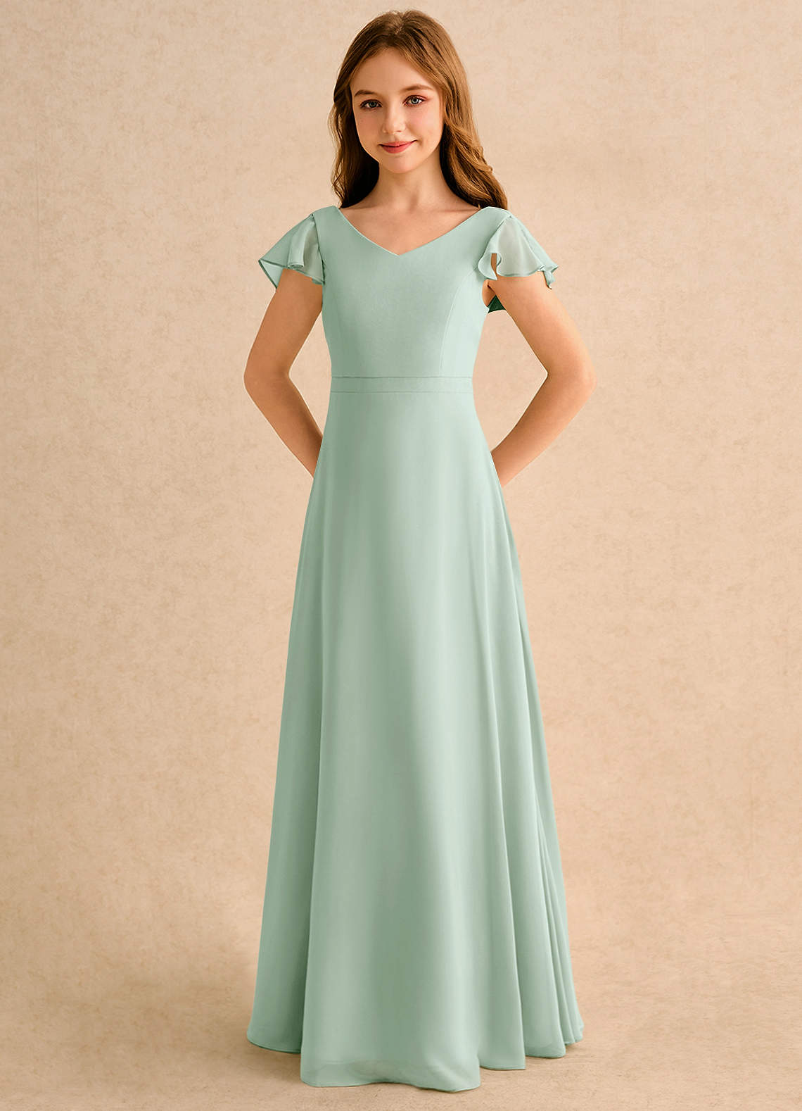 Azazie Nari Girls Formal Vestidos de florista Vestido Agave de Chiffon de Linha A com com Mangas image5