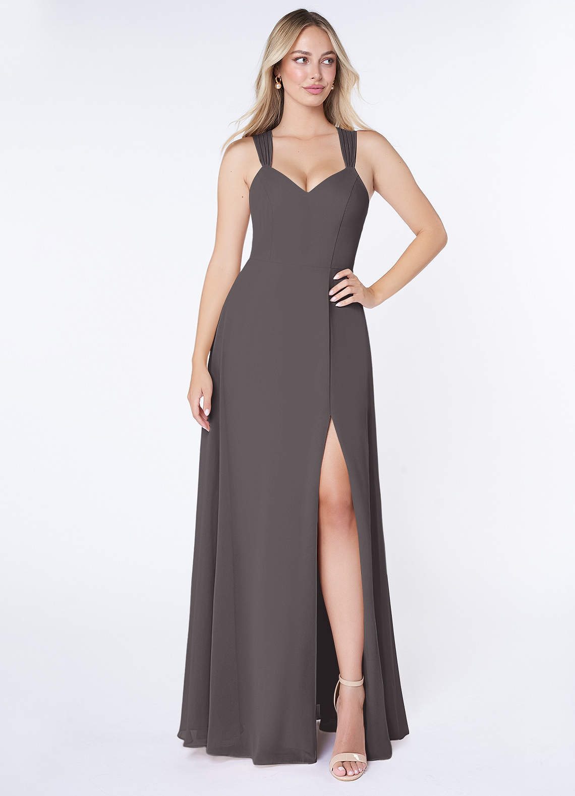 Azazie Jane Bridesmaid Dresses Steel Grey A-Line V-Neck Pleated Chiffon Dress image1