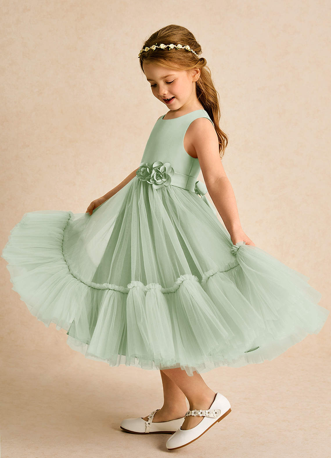 Azazie Miracle Flower Girl Dresses Dusty Sage A-Line Bow Matte Satin Dress image1