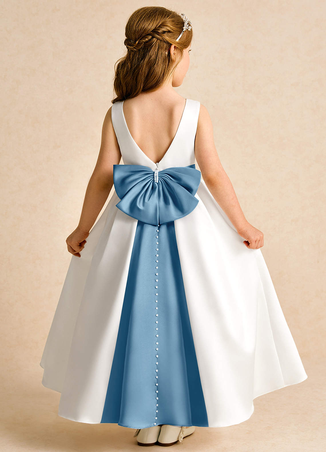Azazie Cherry vestidos de niña de las flores Vestido de Marfil Azul Acero de Satin Mate de Princesa con Plisado image1