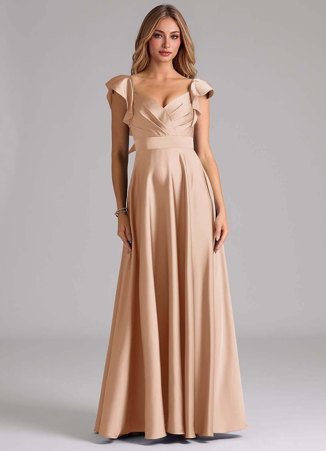 Azazie Leilani Bridesmaid Dresses English Rose A-Line Ruched Stretch Satin Dress image2