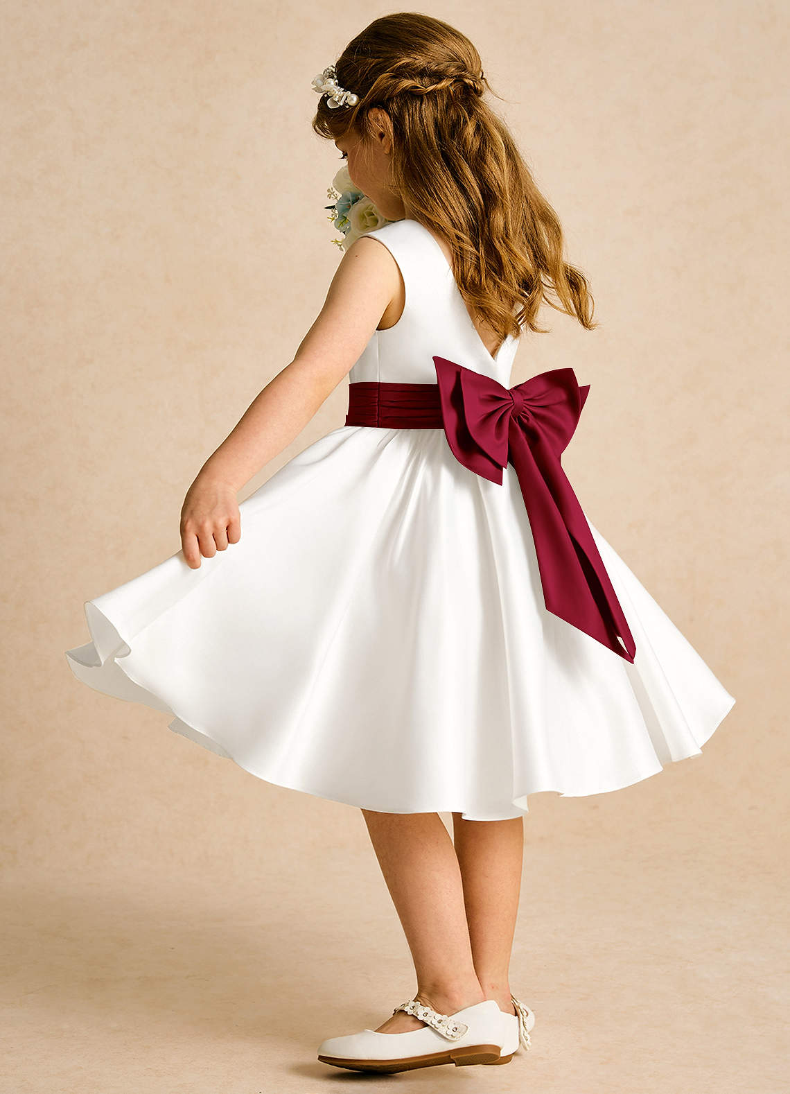 Azazie Sosie Flower Girl Dresses Ivory Burgundy A-Line Pleated Matte Satin Dress image3