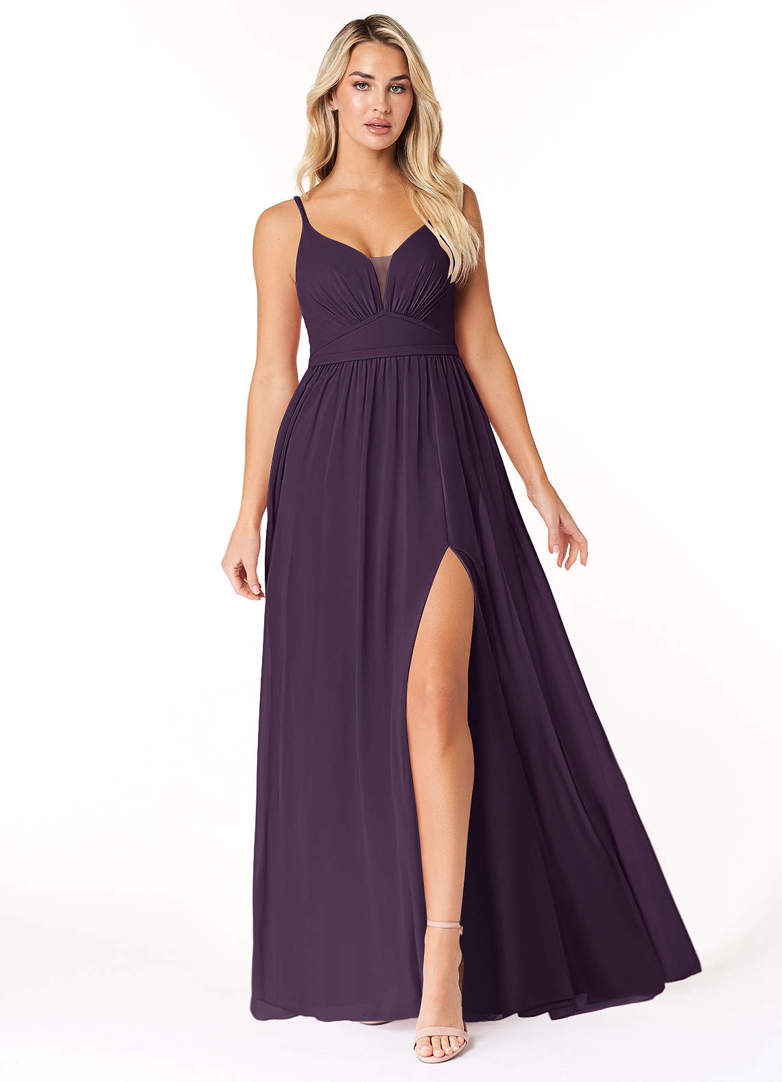 Azazie Rayna Bridesmaid Dresses Plum A-Line V-Neck Pleated Chiffon Dress image1