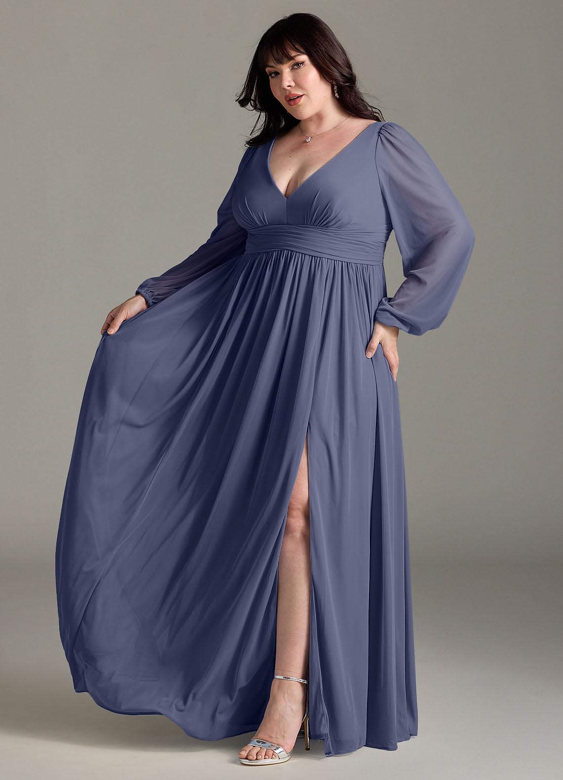 Azazie Norah Bridesmaid Dresses Stormy A-Line V-Neck Long Sleeve Chiffon Dress image9