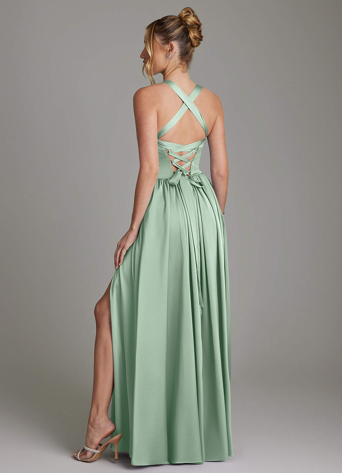 Azazie Francis Kleider zum Anprobieren zu Hause A-Linie Korsett Stretch-Satin Kleid Agave image6