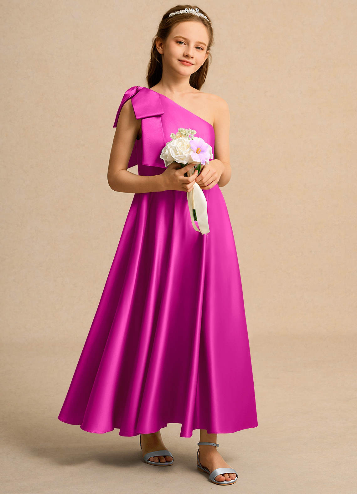 Azazie Guppy Girls Formal Fuchsia A-Line One Shoulder Matte Satin Dress |  Azazie UK