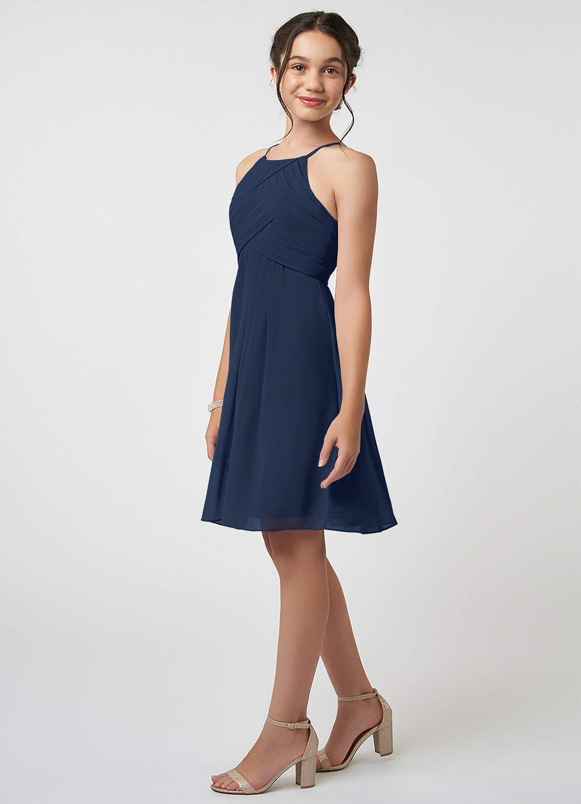 Azazie Ginny Junior Dark Navy A-Line Pleated Chiffon Dress image2