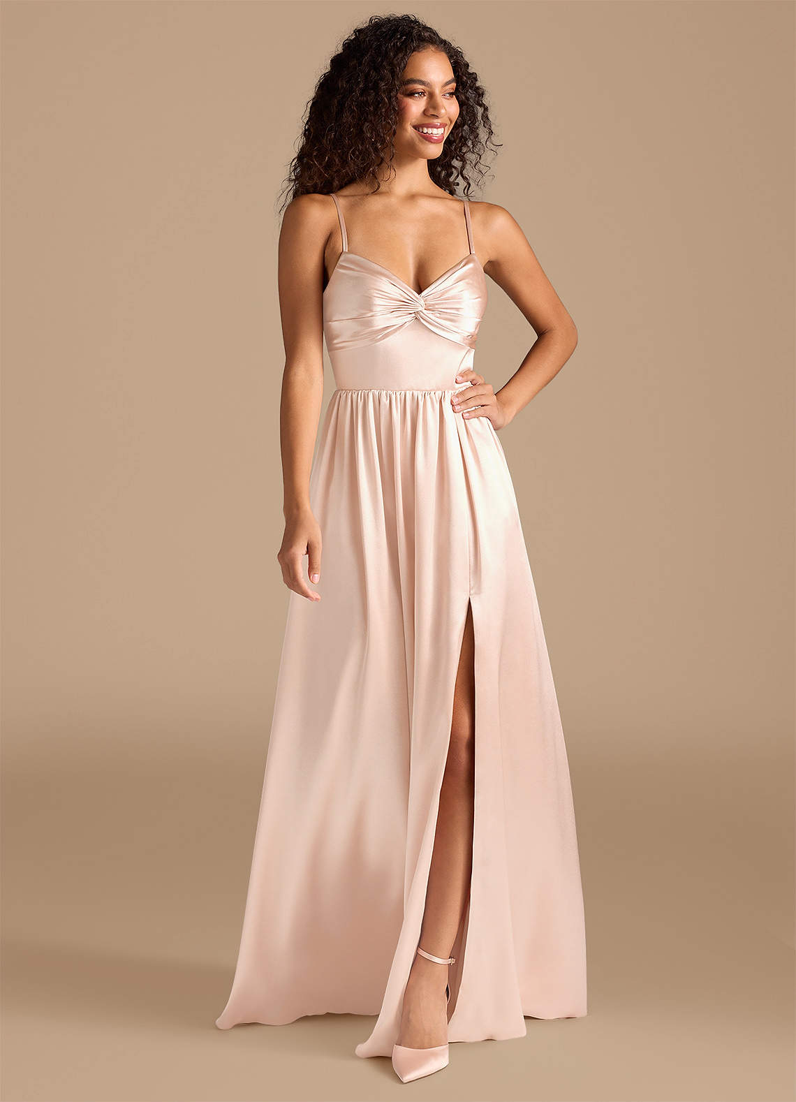 Azazie Zeya Bridesmaid Dresses Rose Gold A-Line Pleated Metallic Satin Dress image1