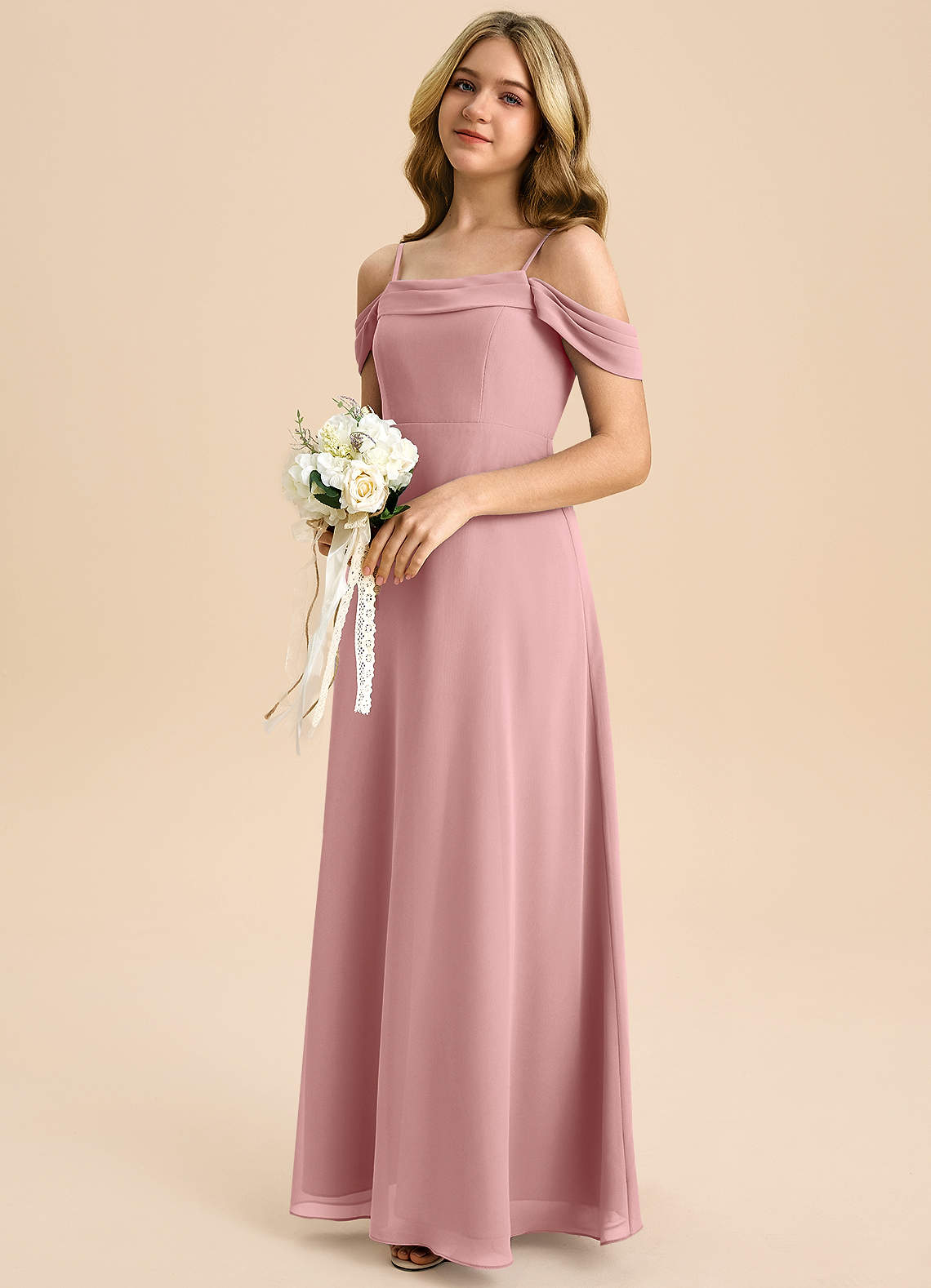 Azazie Anselie Junior A-Line Off-Shoulder Chiffon Gulv-længde Junior brudepige Kjole image5