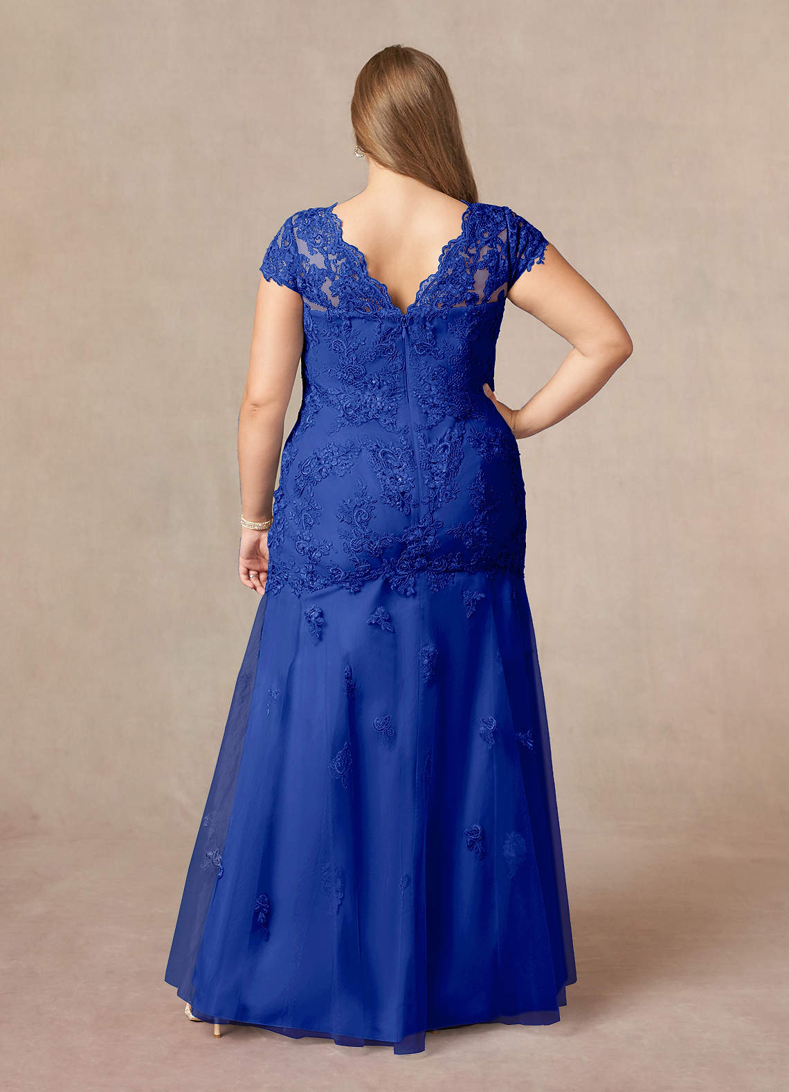 Azazie Marbella Royal Blue Mermaid Queen Anne Sequins Lace Dress