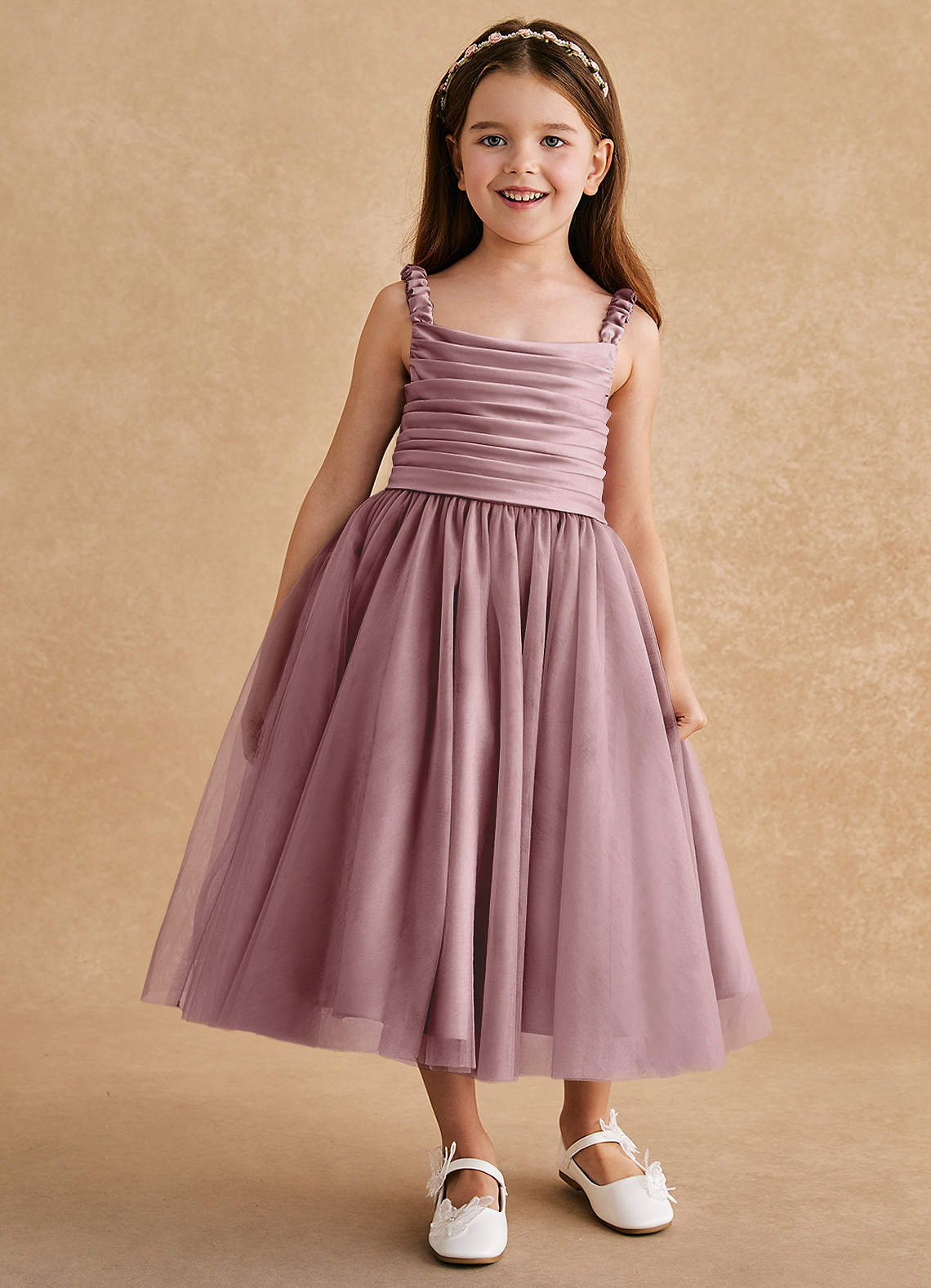 Azazie Gabbie Blumenmädchenkleider A-Linie Plissee Matte Satin Kleid Altrosa image1