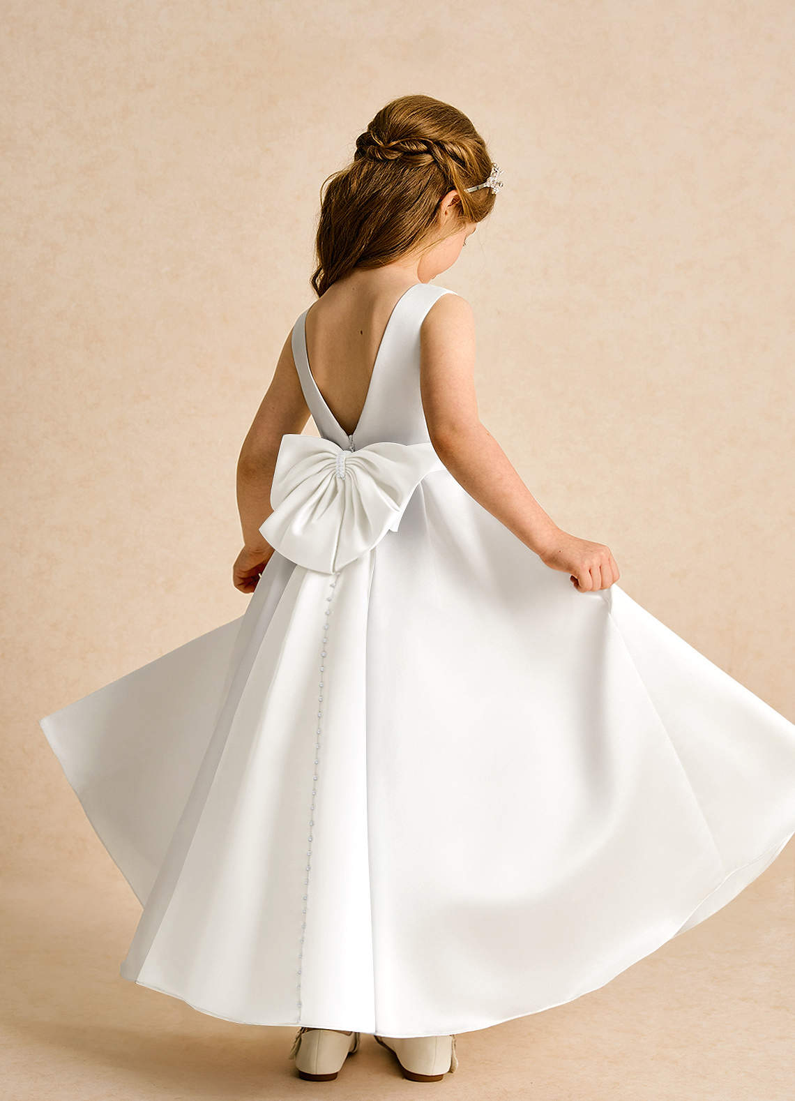 Azazie Cherry Flower Girl Dresses Ivory Ball-Gown Pleated Matte Satin Dress image3