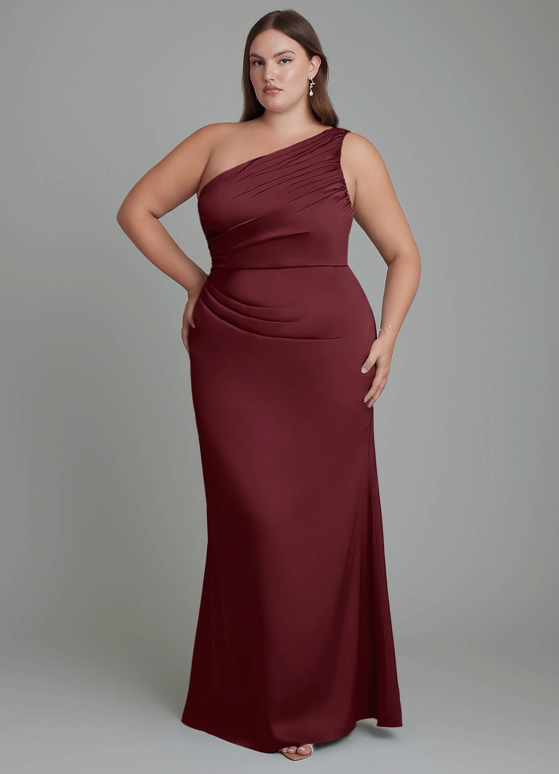 Azazie Akilah Bridesmaid Dresses Cabernet Mermaid One Shoulder Stretch Satin Dress image1