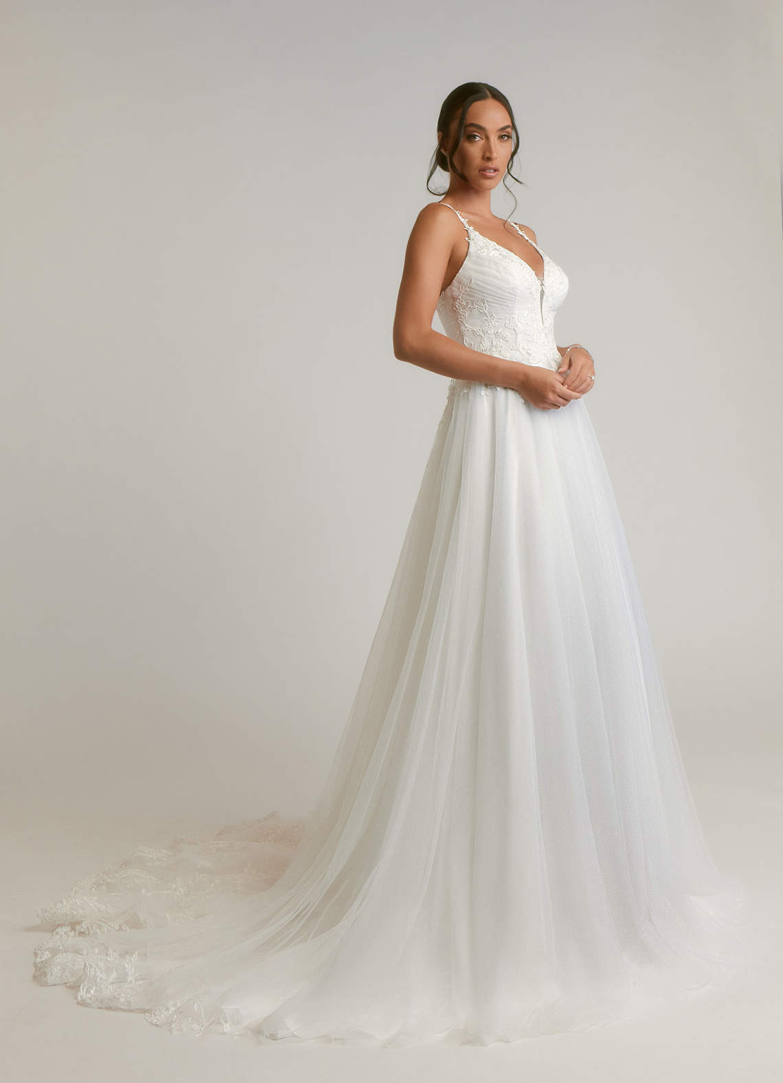 Azazie Devi Wedding Dresses Diamond White A-Line V-Neck Lace Tulle Dress image3