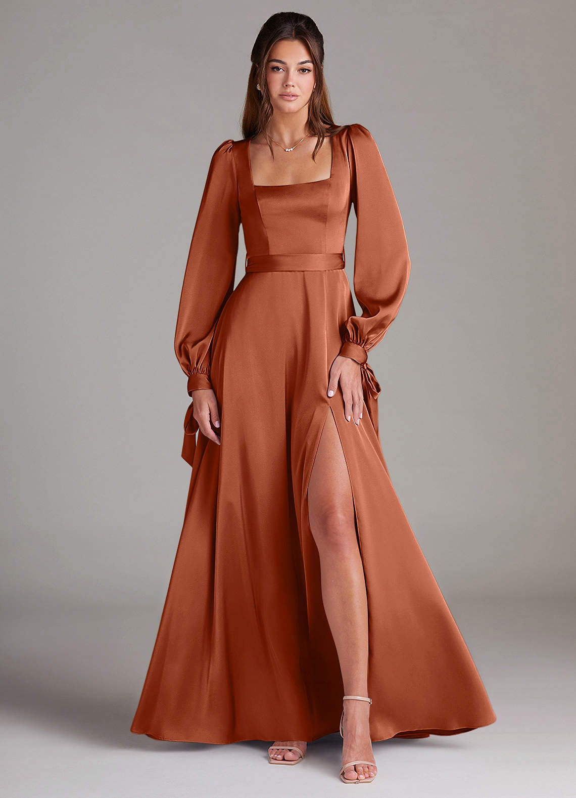 Azazie Leonia Bridesmaid Dresses Cedar Rose A-Line Long Sleeve Stretch Satin Dress image1