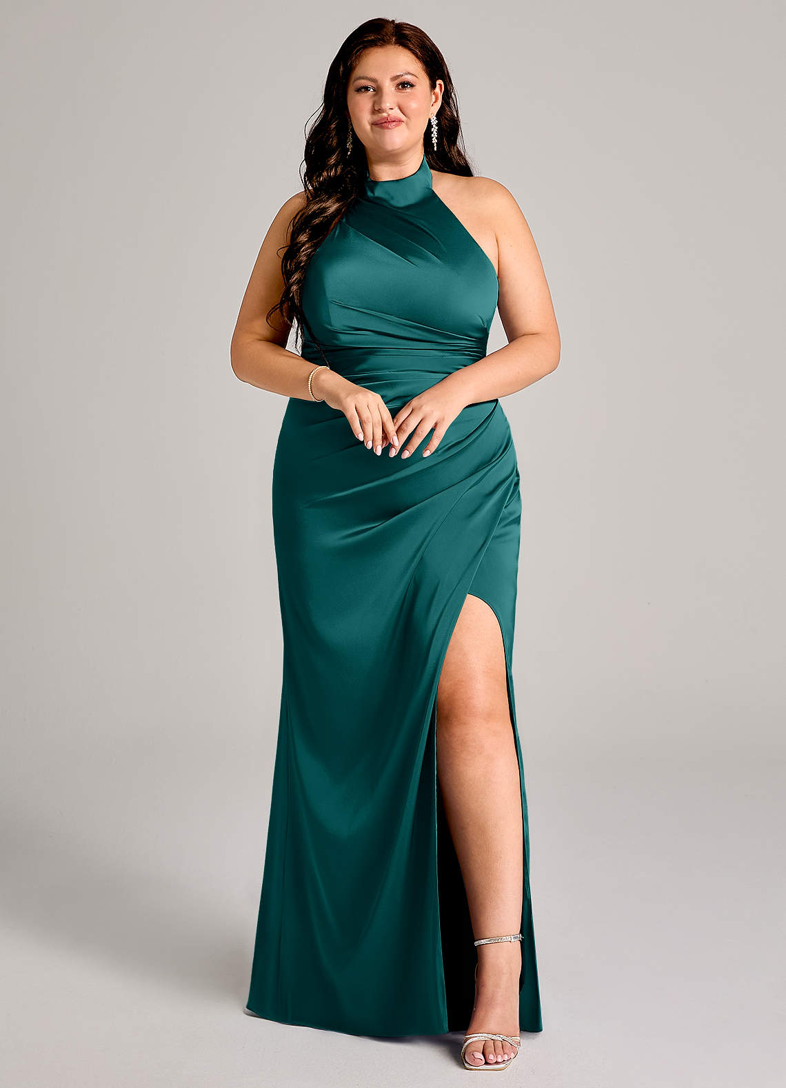 Azazie Jemma Bridesmaid Dresses Peacock Sheath Pleated Stretch Satin Dress image1