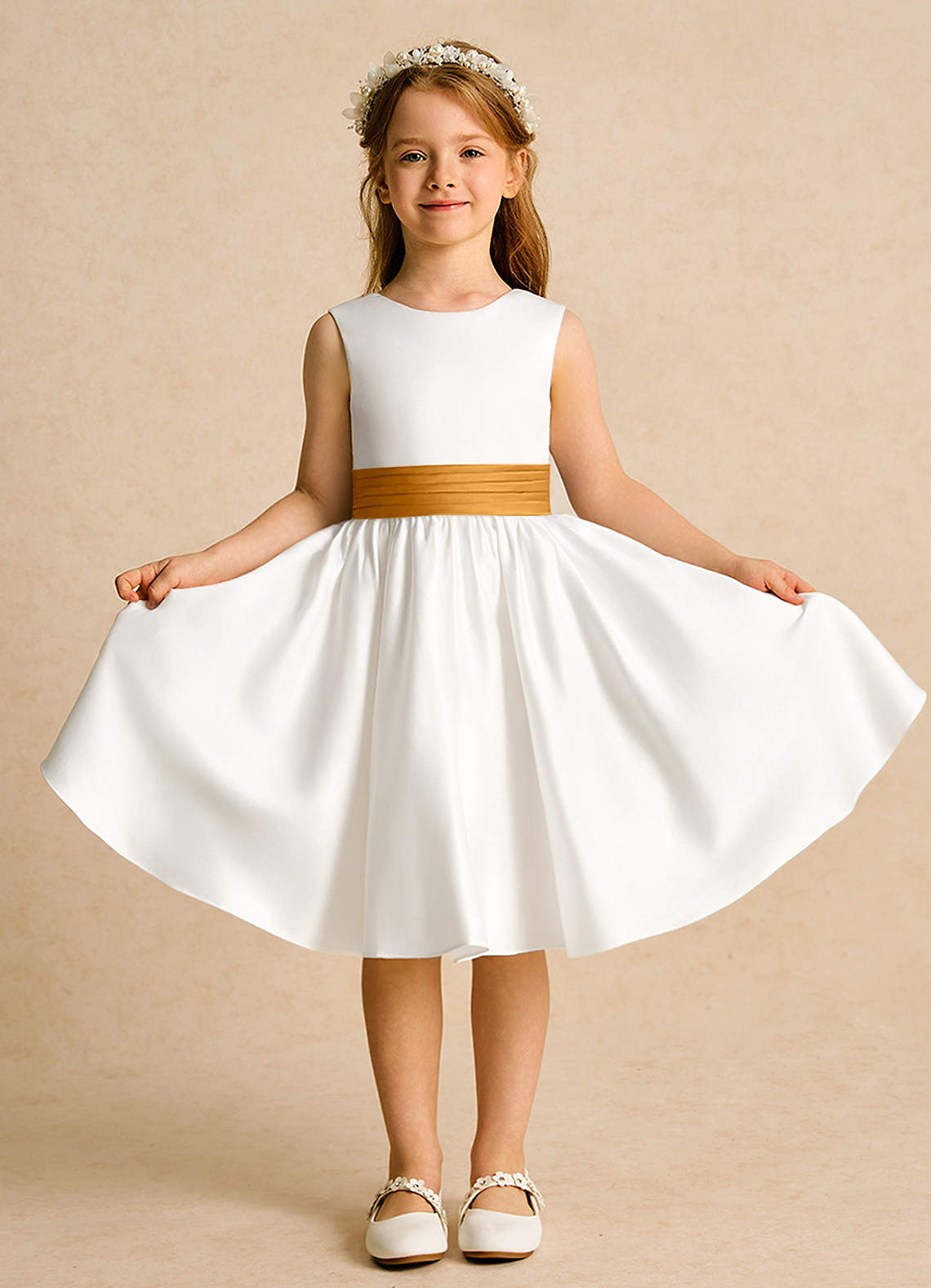 Azazie Sosie Flower Girl Dresses Ivory Butterscotch A-Line Pleated Matte Satin Dress image1