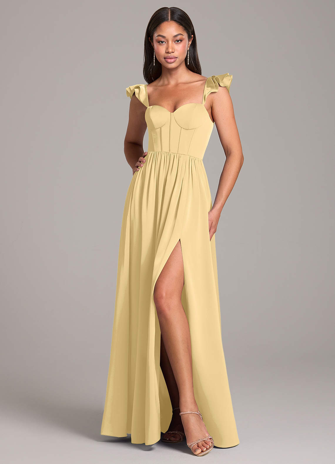 yellow bridesmaid dresses chiffon Berylove Women Dress with Slit A Line Flutter Sleeve V-Neck Long Wedding Guest Dress Pastel Yellow Length Pamela 7 Ways To Wear Color:Kahve