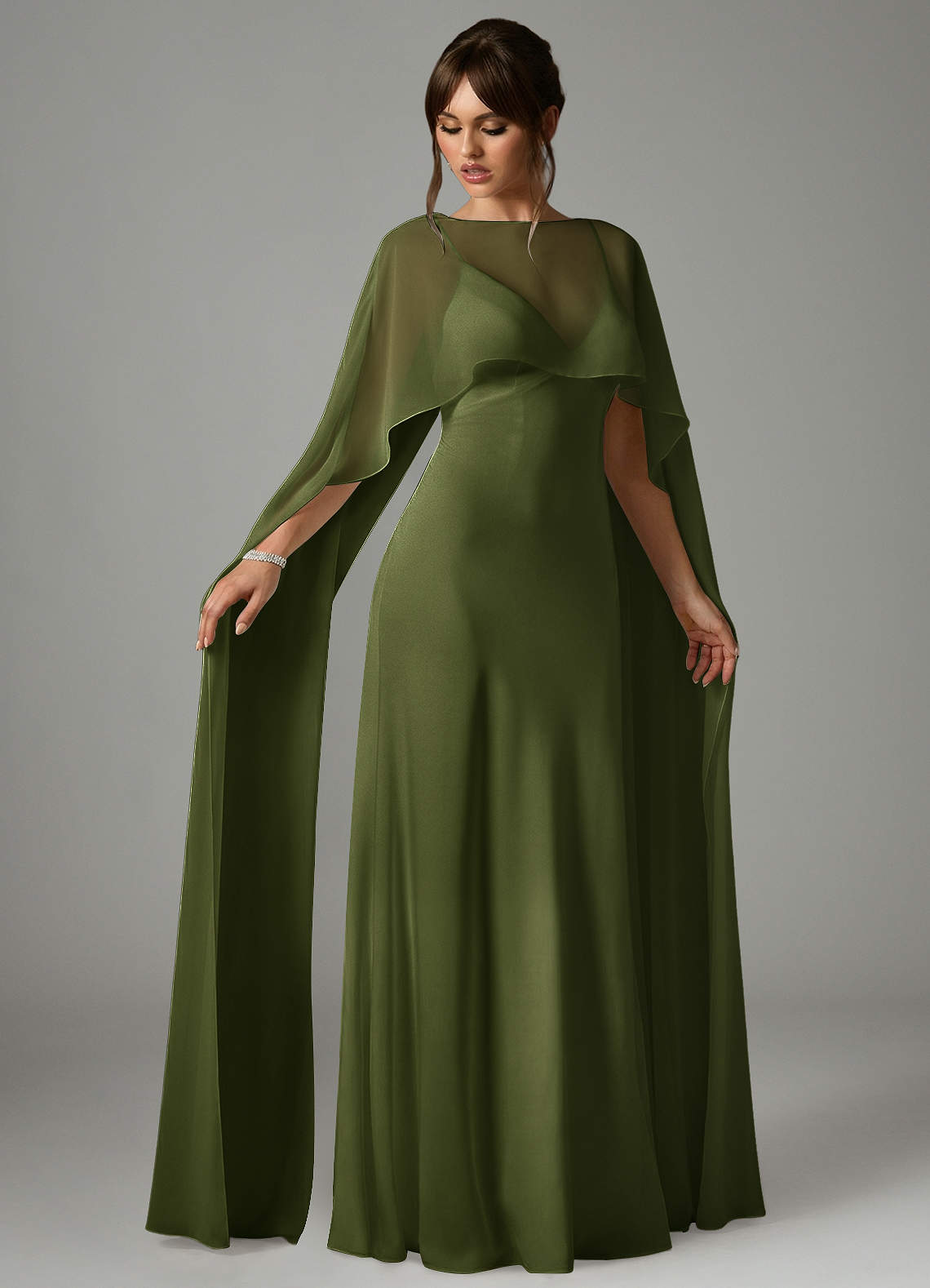 Azazie Stefania Robes de demoiselle d'honneur Robe Trapèze en Satin extensible Olive image2
