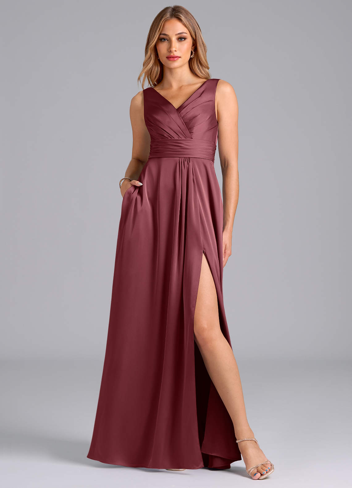 Azazie Karina At-home Try On Dresses Desert Rose A-Line Pleated Stretch Satin Dress image1