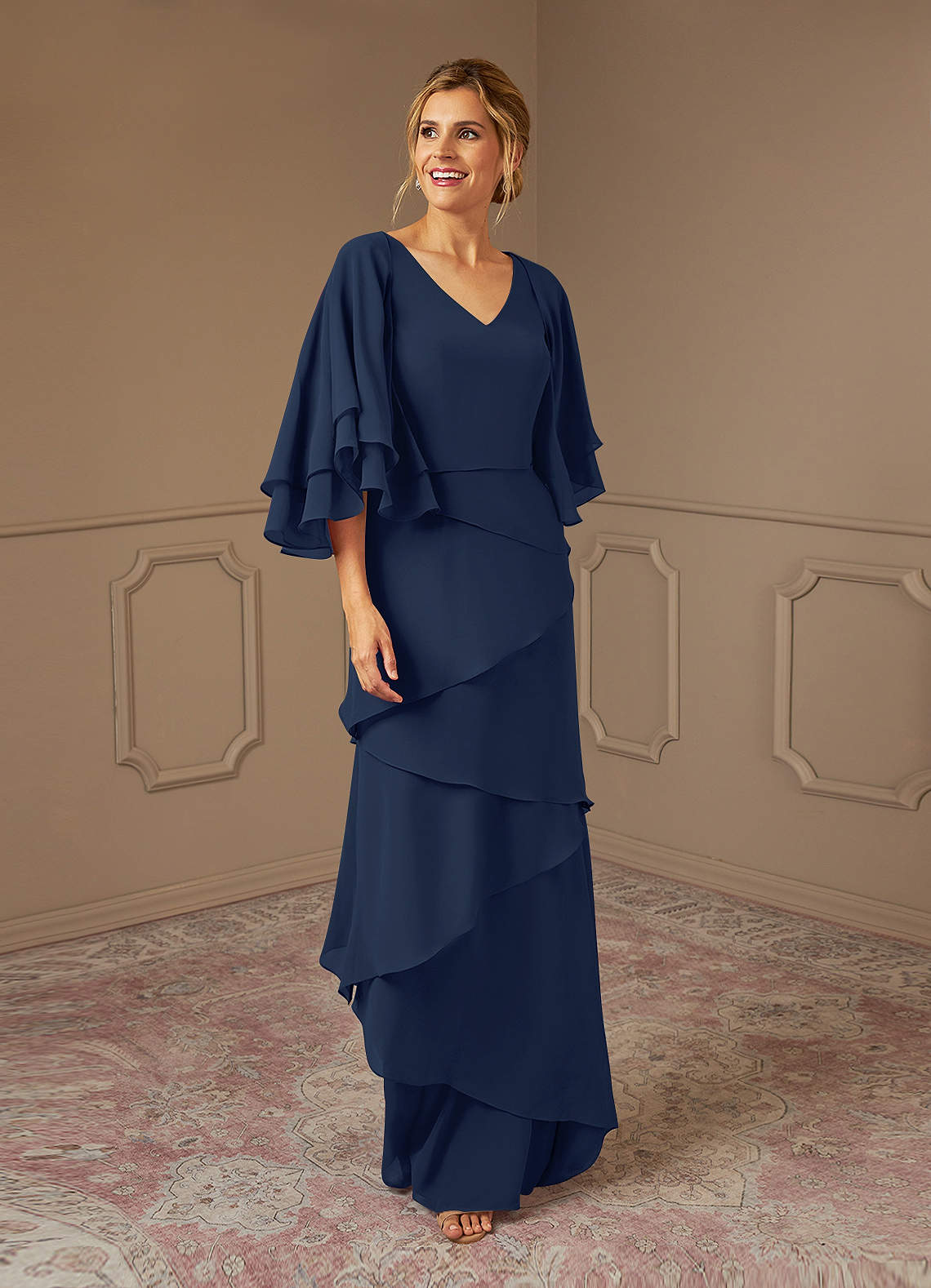 Azazie OHara vestidos de madre de la novia Vestido de Azul Marino Oscuro de Gasa de Corte En A con Cuello en V image1
