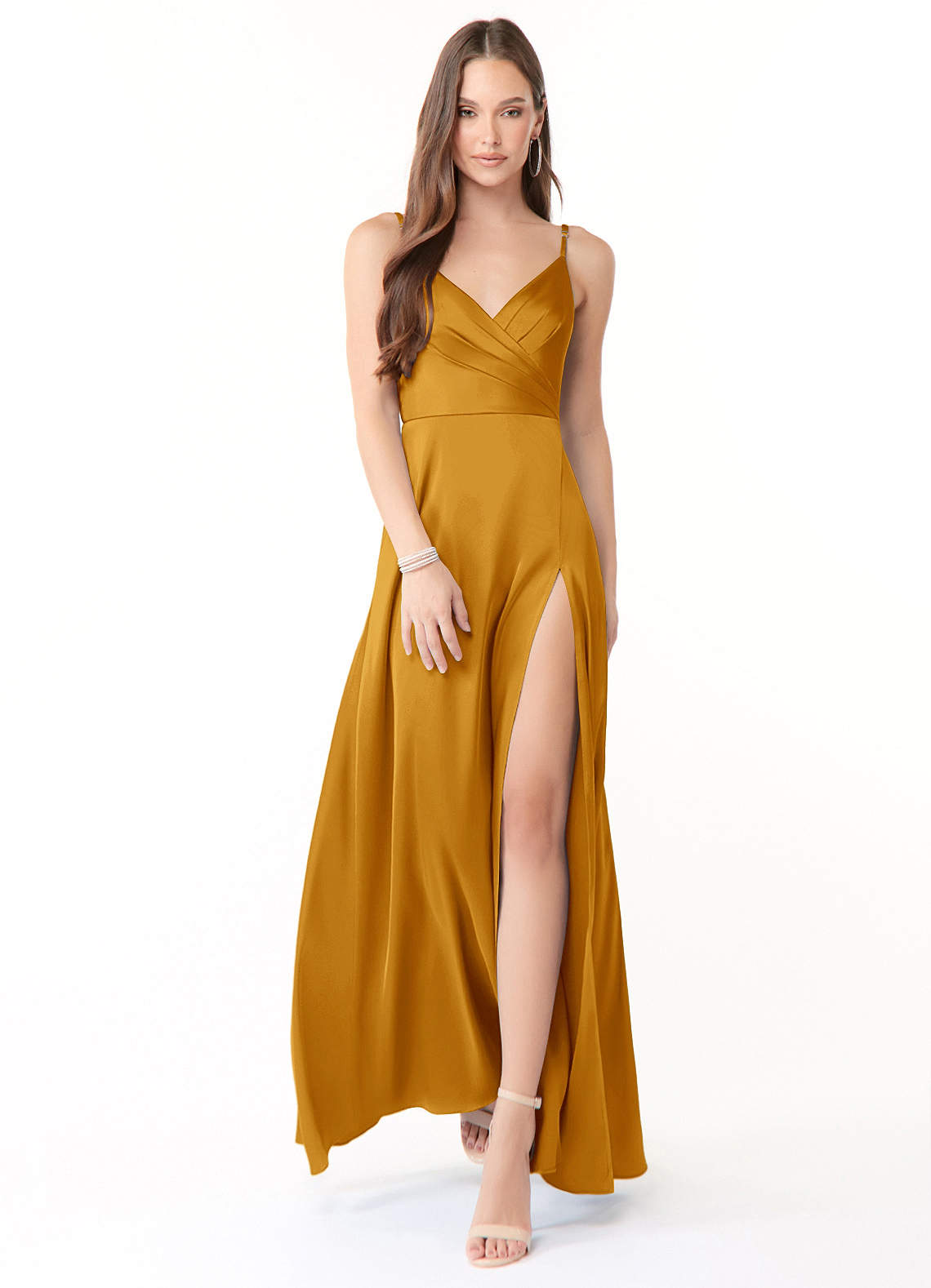 Azazie Dalilah Bridesmaid Dresses Butterscotch A-Line V-Neck Pleated Stretch Satin Dress image1