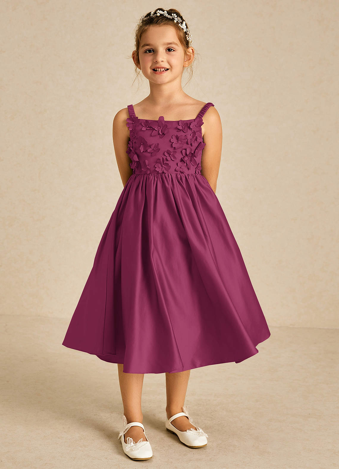Azazie Midge Robe Demoiselle D'honneur Fillette Robe Trapèze en Mat Satiné Arc Mûre image1