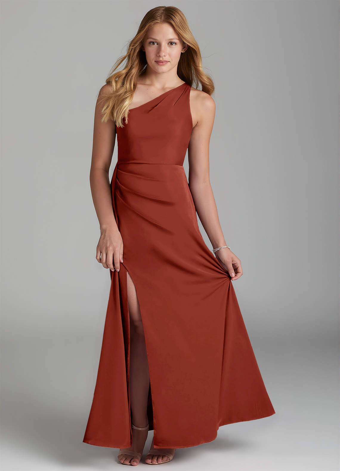 Azazie Maron Junior Terracotta A-Line Pleated Stretch Satin Dress image1