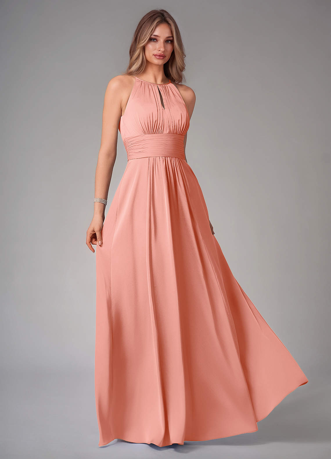Azazie Bonnie Bridesmaid Dresses Coral A-Line Pleated Stretch Satin Dress image1