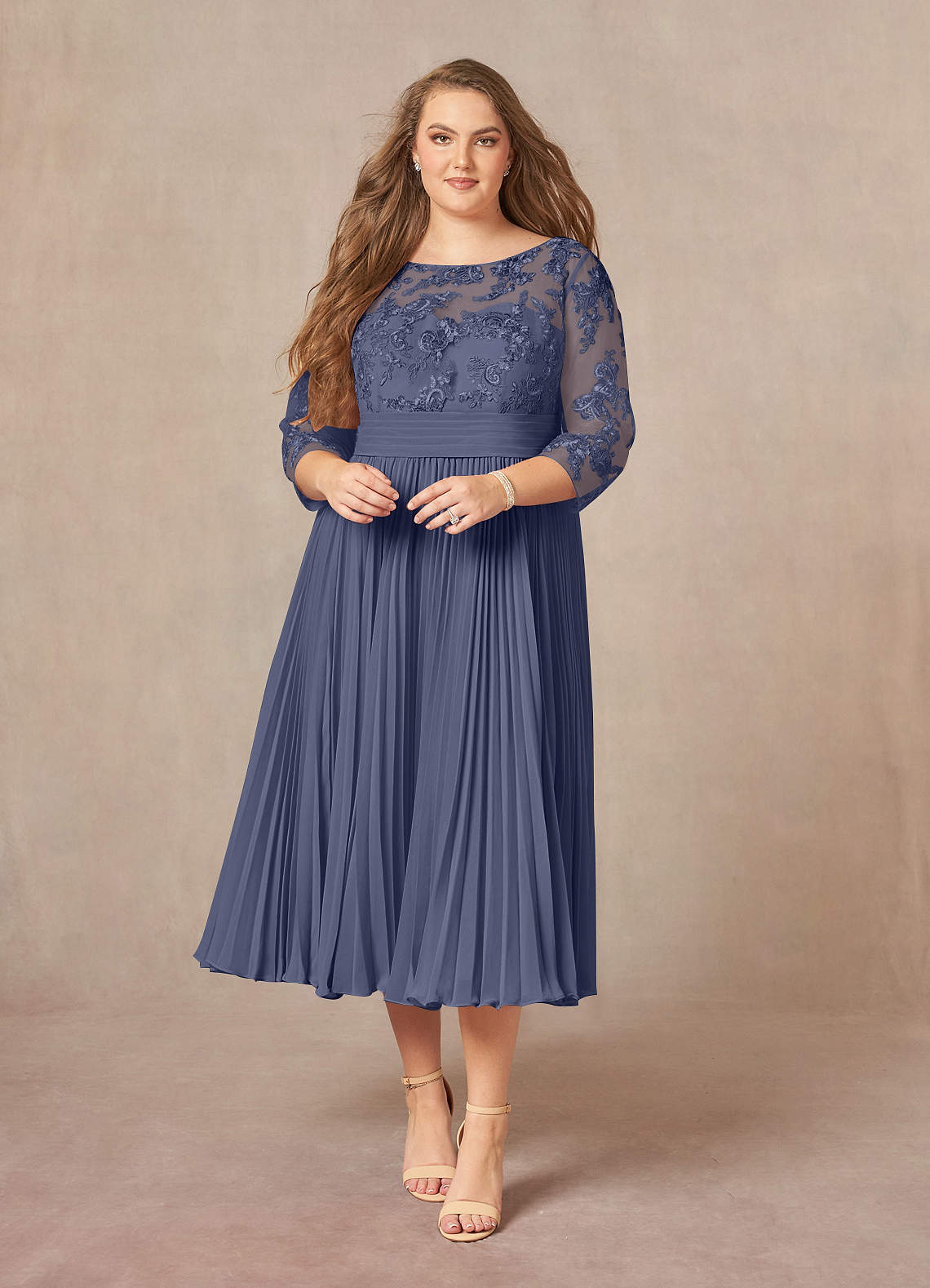 Lace 3/4 Sleeves Chiffon Tea-Length Dress Blushing Pink